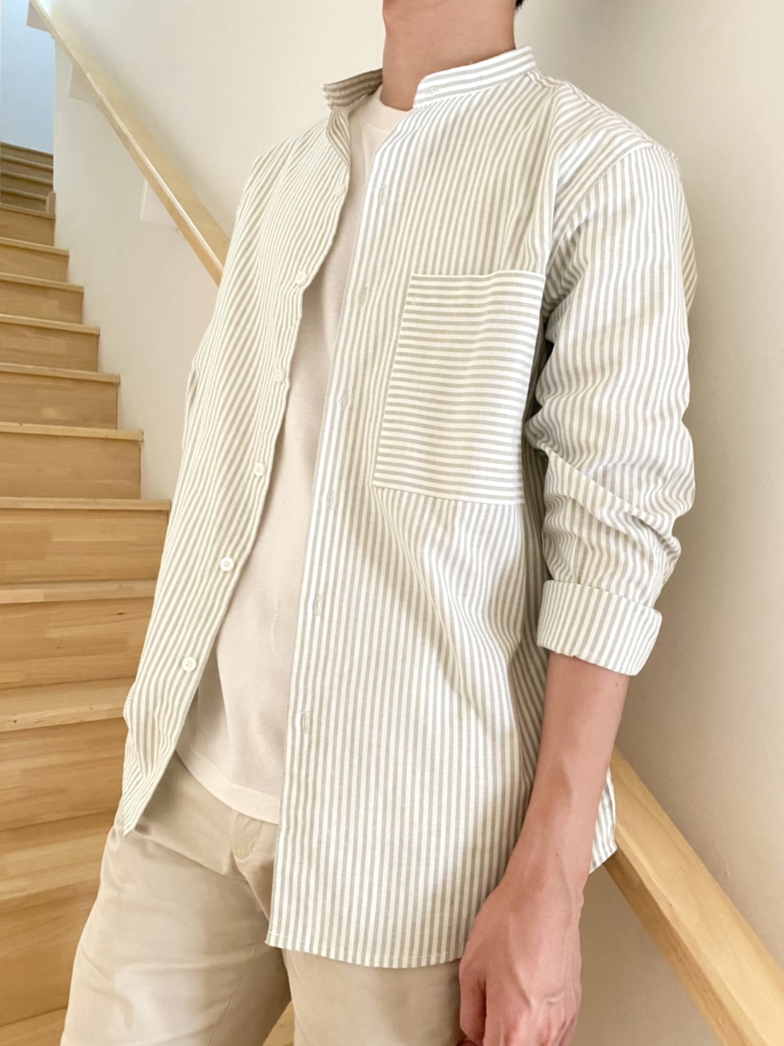 Chinese neck shirt Stripes with pocket